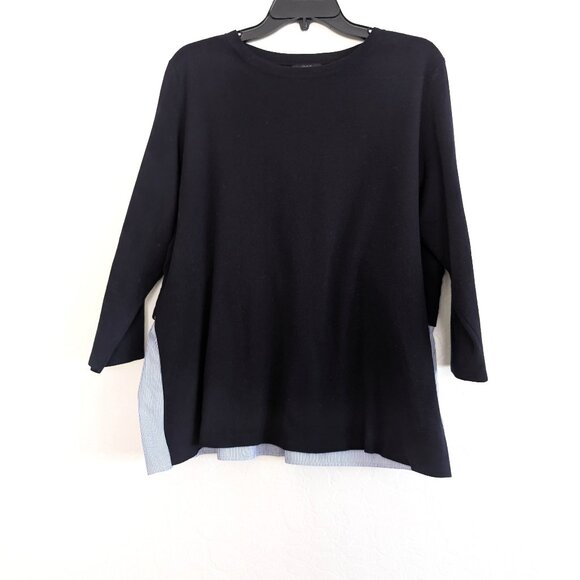 COS Blouse Womens L Navy White Striped Accent Round Neck 3/4 Sleeve Pullover Top - Picture 1 of 14